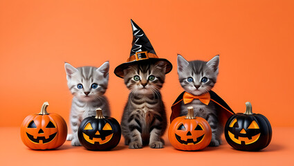 Obraz premium Three cute kittens in a Halloween costume, Halloween background copy-space, Halloween cats