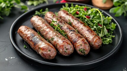 Grilled Sausages on a Black Plate