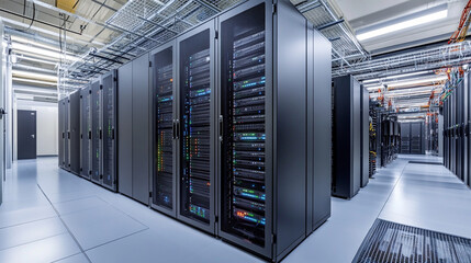 Modern data center with multiple server racks and organized cabling at night