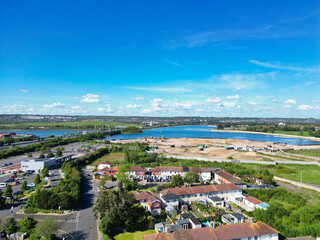 High Angle View of Portsmouth City Centre Located at Beach and Docks of England United Kingdom. Image Was Captured with Drone's Camera on May 15th, 2024.