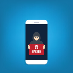 Hacker with hacked notification, malware notification on mobile phone. Smartphone with hacker alert, spam data on cellphone fraud error message, scam, virus.	