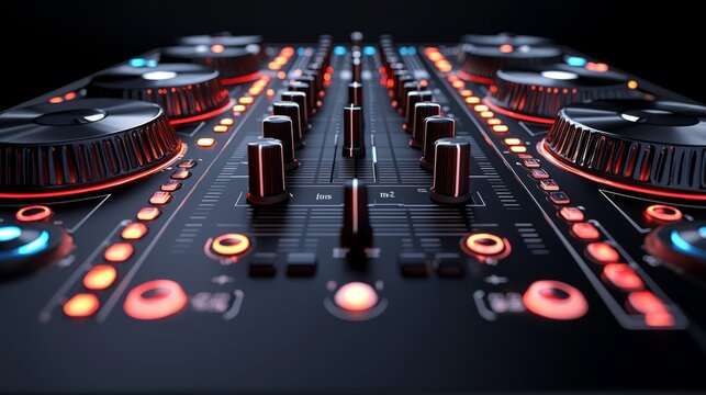 Close-up of a DJ controller with buttons and knobs illuminated in a dark studio