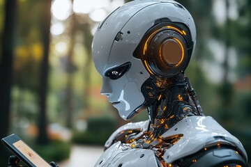 Fototapeta premium A humanoid robot is interacting with a tablet, highlighting its advanced capabilities and technology use.