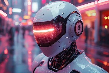 Fototapeta premium A humanoid robot is positioned in a futuristic cityscape, blending into a high-tech environment.