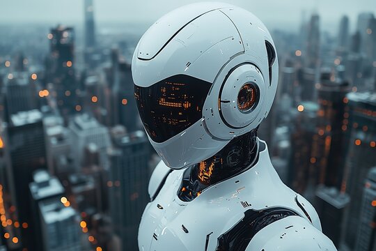 A humanoid robot is positioned in a futuristic cityscape, blending into a high-tech environment.