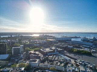 High Angle View of Portsmouth City Centre Located at Beach and Docks of England United Kingdom. Image Was Captured with Drone's Camera on May 15th, 2024.