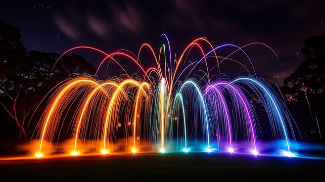 Colorful Light Trails from Fireworks Display at Night