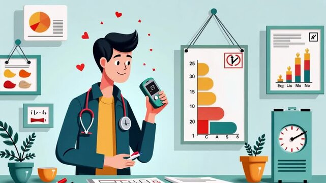 A graphic representation of diabetes management, featuring an individual using a glucose meter and insulin pen, along with visual elements like a sugar level chart and food choices.