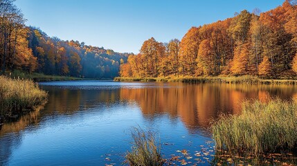 Obraz premium Autumn Reflections in a Tranquil Lake Landscape
