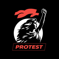Protest woman. People protest with a flag and a fist
