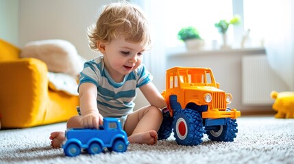A toddler sitting on the floor, playing with a brightly colored toy truck.