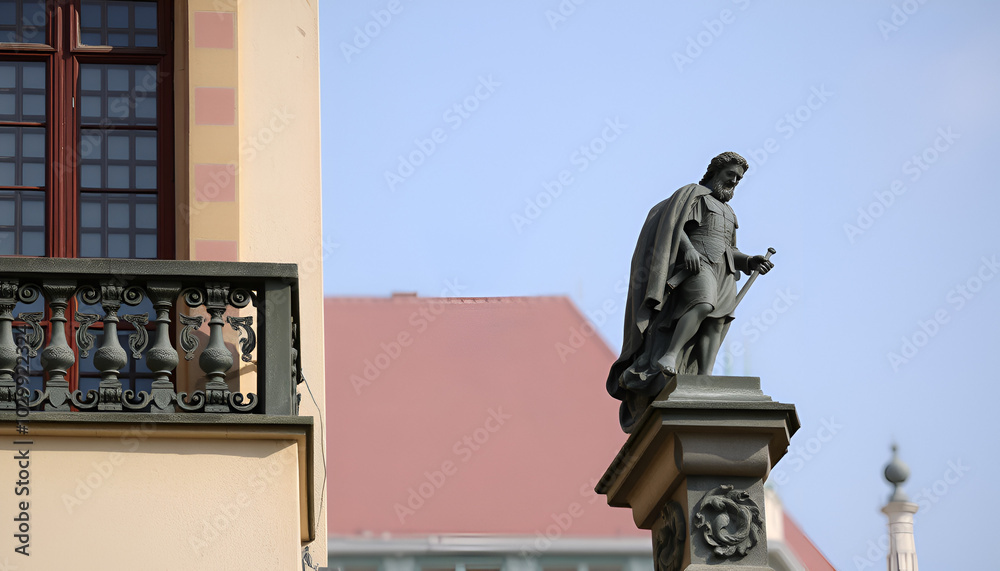 Wall mural a very old statue on part of prague castle in czech republic in europe. decoration on balcon.