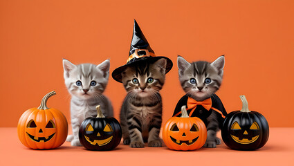 Three cute kittens in a Halloween costume, Halloween background copy-space, Halloween cats