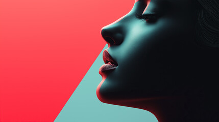 Beautiful woman's face in profile against a background of red and turquoise colors, with copy space available, 3D rendering