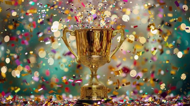 A gleaming gold winners trophy cup takes center stage, symbolizing victory and success in a competition