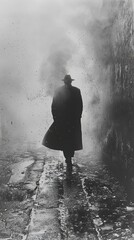 Fototapeta premium Mysterious Figure Walking Through Foggy City Street