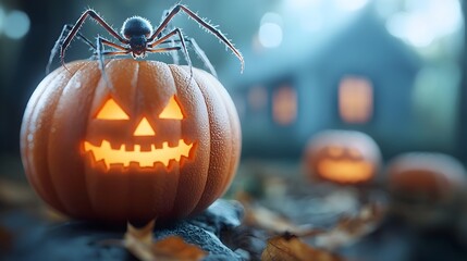 Haunting scene of spiders and skeletons hanging in a creepy fog filled haunted house on Halloween with carved pumpkins adding to the chilling spooky atmosphere  The digital