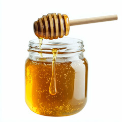 A wooden honey dipper with dripping honey is held over a glass jar filled with golden honey.