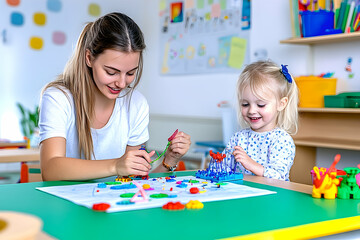 Fototapeta premium Bright classroom with young woman engaging a child in creative activity, playful learning environment
