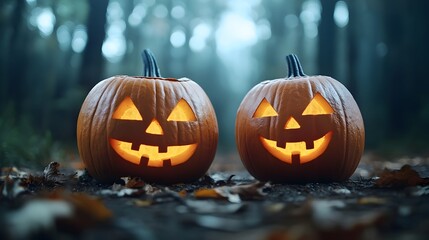 Fototapeta premium Spooky Halloween scene with carved pumpkins and haunted house decor creating a festive yet eerie atmosphere with a complementary color scheme and technology inspired tone