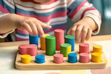 Child playing with colorful wooden block puzzle, focusing on cylindrical pieces