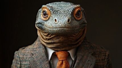 Fototapeta premium A komodo dragon, dressed in an elegant suit with a stylish tie, is posed with a charismatic human-like charm.