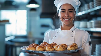 A woman chef smiling while holding a tray of freshly baked pastries in a restaurant kitchen.