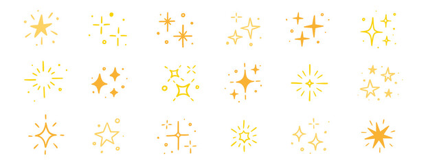 Sparkle star vector element icon. Gold star twinkle glitter spark hand drawn shine icon set. Hand drawn sketch doodle style. Magic light gold decoration background vector illustration