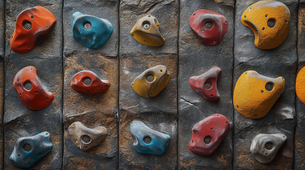 Fototapeta premium Colorful climbing holds on indoor rock wall, bouldering gym equipment closeup