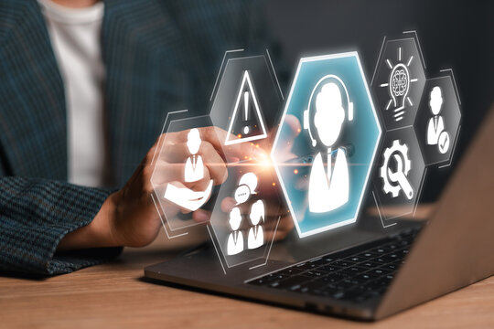 Innovative help desk concept showcasing digital interface with customer support icons on a laptop, symbolizing modern tech solutions.