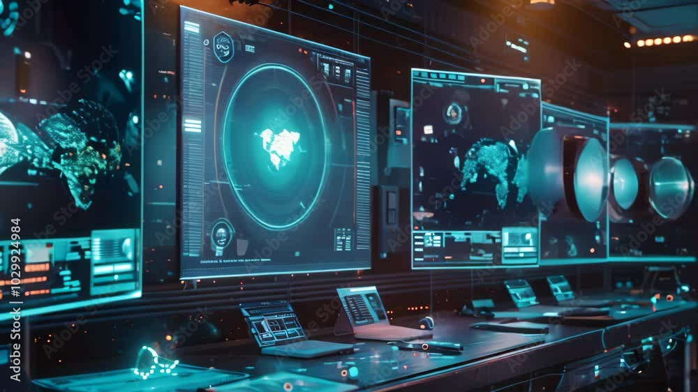 Poster a futuristic control room with multiple monitors displaying data, maps, and ai-generated visualizati