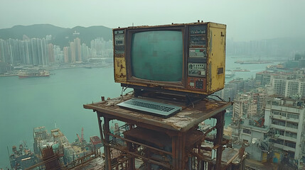Vintage Television on Rooftop Overlooking Cityscape Illustration