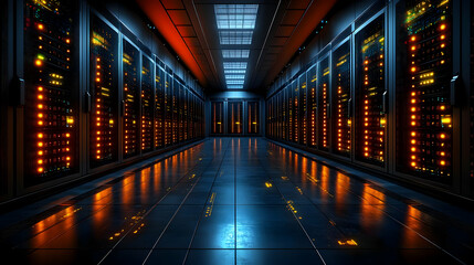 3D Illustration of a Server Room with Lights Reflecting on the Floor