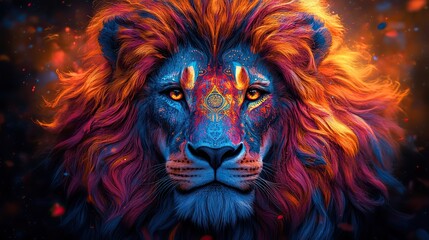 A lion head with psychedelic patterns and mandala shapes serves as a spiritual totem.