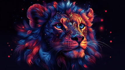 A lion head with psychedelic patterns and mandala shapes serves as a spiritual totem.