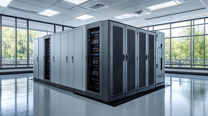 Server Room Interior with Windows and Ceiling Lights - 3D Illustration
