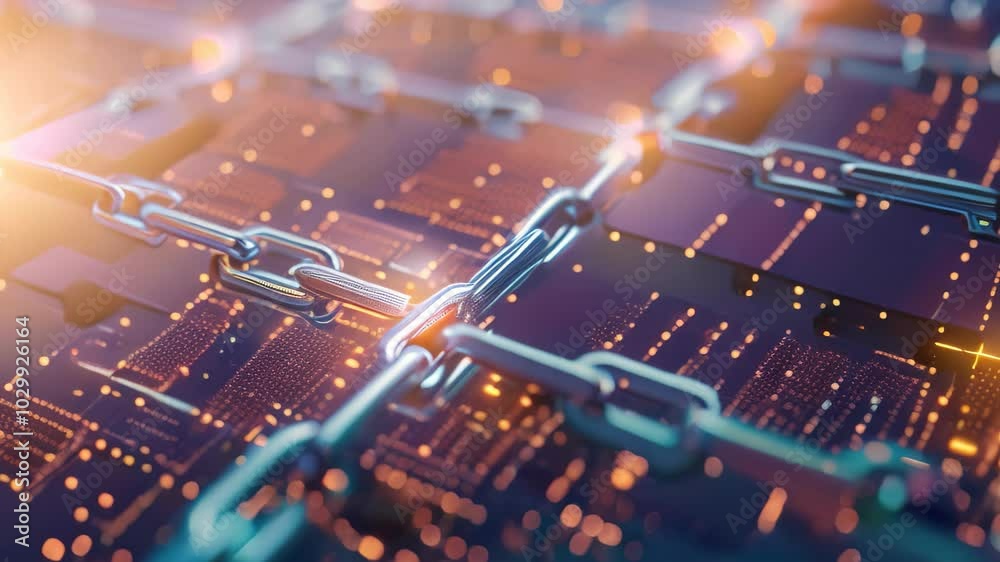Poster interlocking chains of blockchain technology on a circuit board, imagine the potential applications 