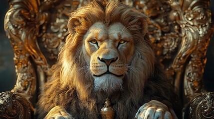 Naklejka premium A lion king seated on a golden throne, showcasing wisdom and power with a commanding presence.