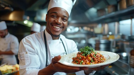 A happy chef in a bustling kitchen, smiling widely as they hold up a perfectly prepared dish for the camera.