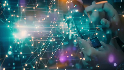 A person uses a smartphone to make a digital payment, with a futuristic, abstract background of glowing lines and nodes, Imagining a cashless society powered by fintech