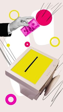 Motion video collage of business person insert money banknote in computer display online web shopping concept 