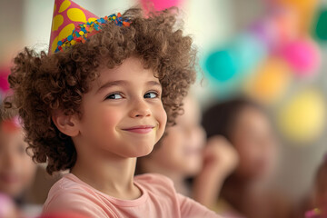 Vibrant birthday party with children enjoying colorful confetti, party hats, and cheerful expressions