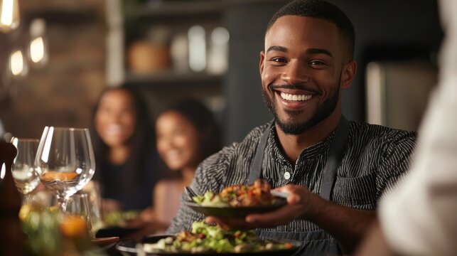 A personal chef smiling as they serve a gourmet dish to a family in a private dining room.
