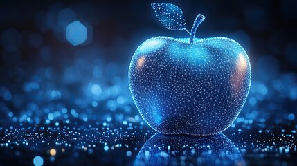 A low poly apple fruit features a polygonal wireframe concept on a blue background.