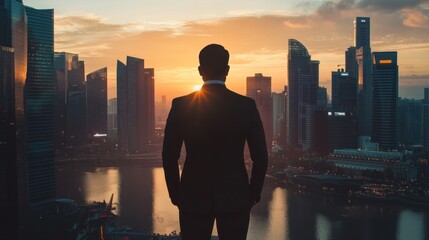 Fototapeta premium A businessman stands on a rooftop overlooking a city skyline at sunset. The sun is setting behind the skyscrapers, creating a beautiful golden glow in the sky.