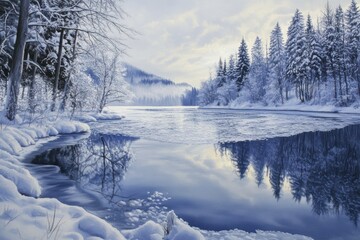 A Frozen River Reflecting Snowy Trees in a Winter Landscape