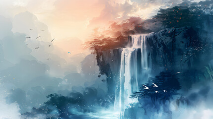 Waterfall park element Watercolor
