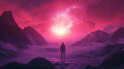 Obraz premium A man standing in the middle of an alien landscape, staring at a pink and purple sky filled with stars. An epic fantasy illustration ar 128:71