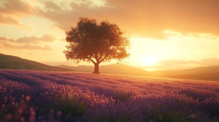 Fototapeta premium A single tree stands tall in a field of lavender flowers at sunset. The sun is setting in the distance, casting a warm glow on the landscape.