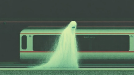 Glowing ghostly figure at subway platform with train in background at night